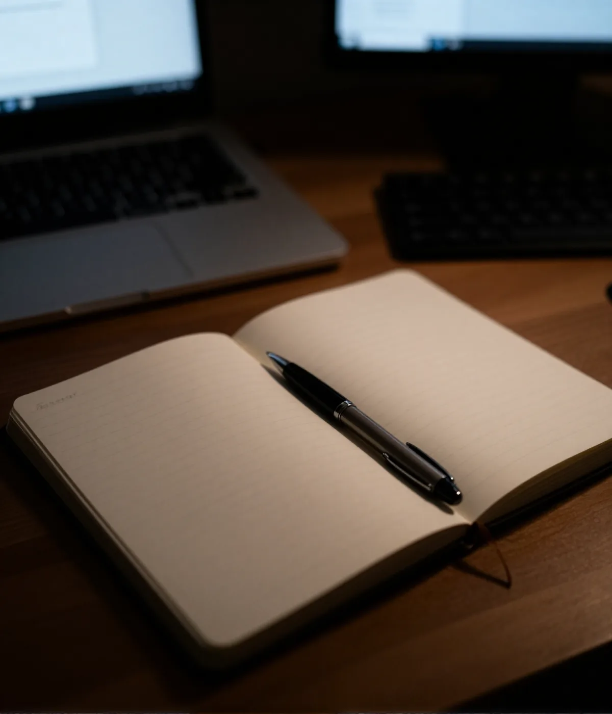 Karanlık odada açık defter ve kalem